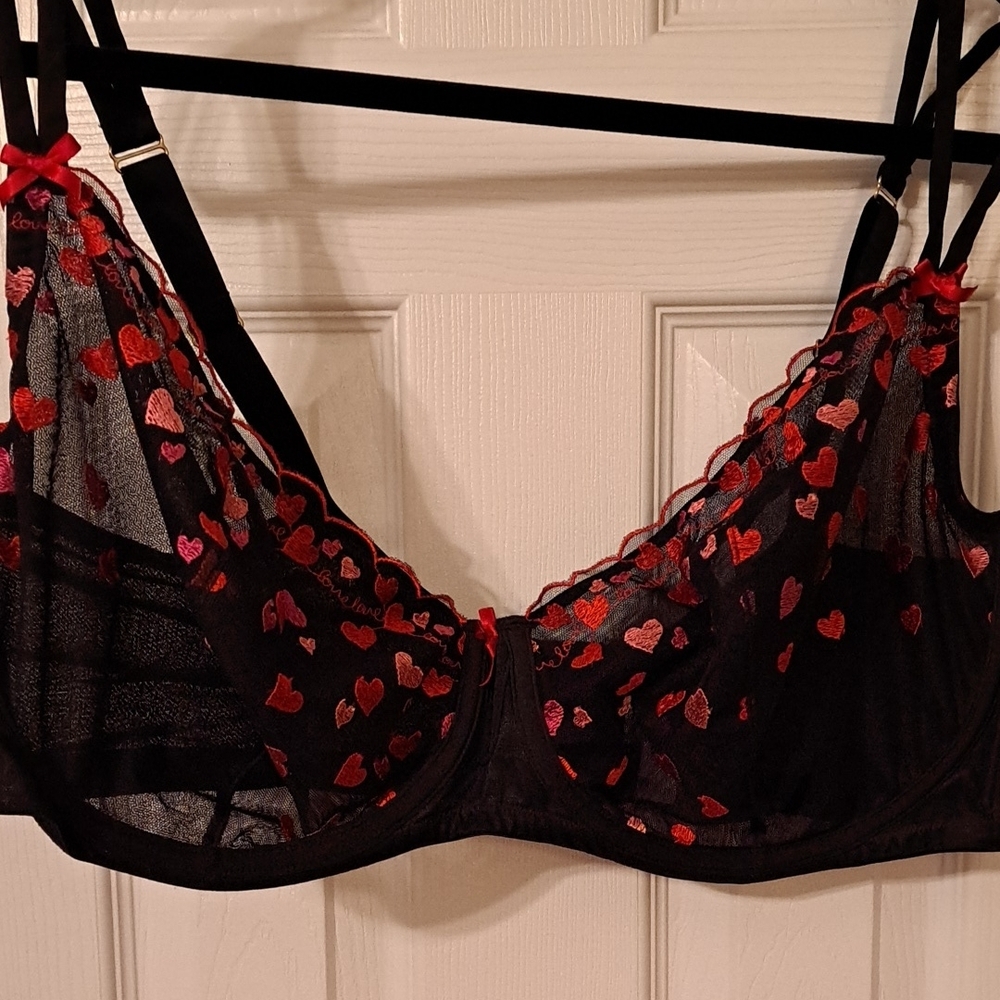 Black Sheer Bra with Red Heart Accents